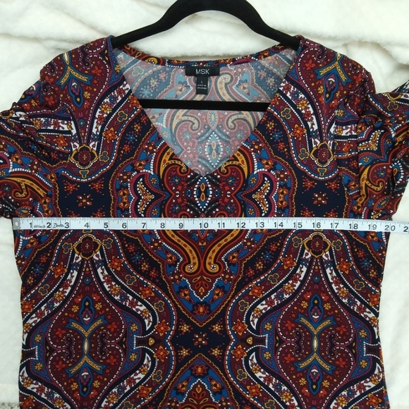 Women's MSK Bohemian Blue Paisley Bell Sleeve V-neck Dress Sz LG - Picture 7 of 9